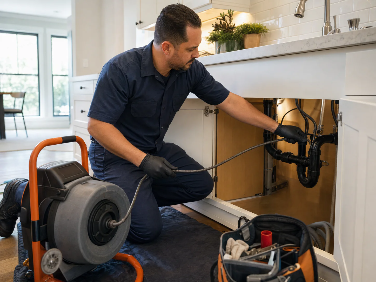 Plumber clearing a residential drain with professional equipment