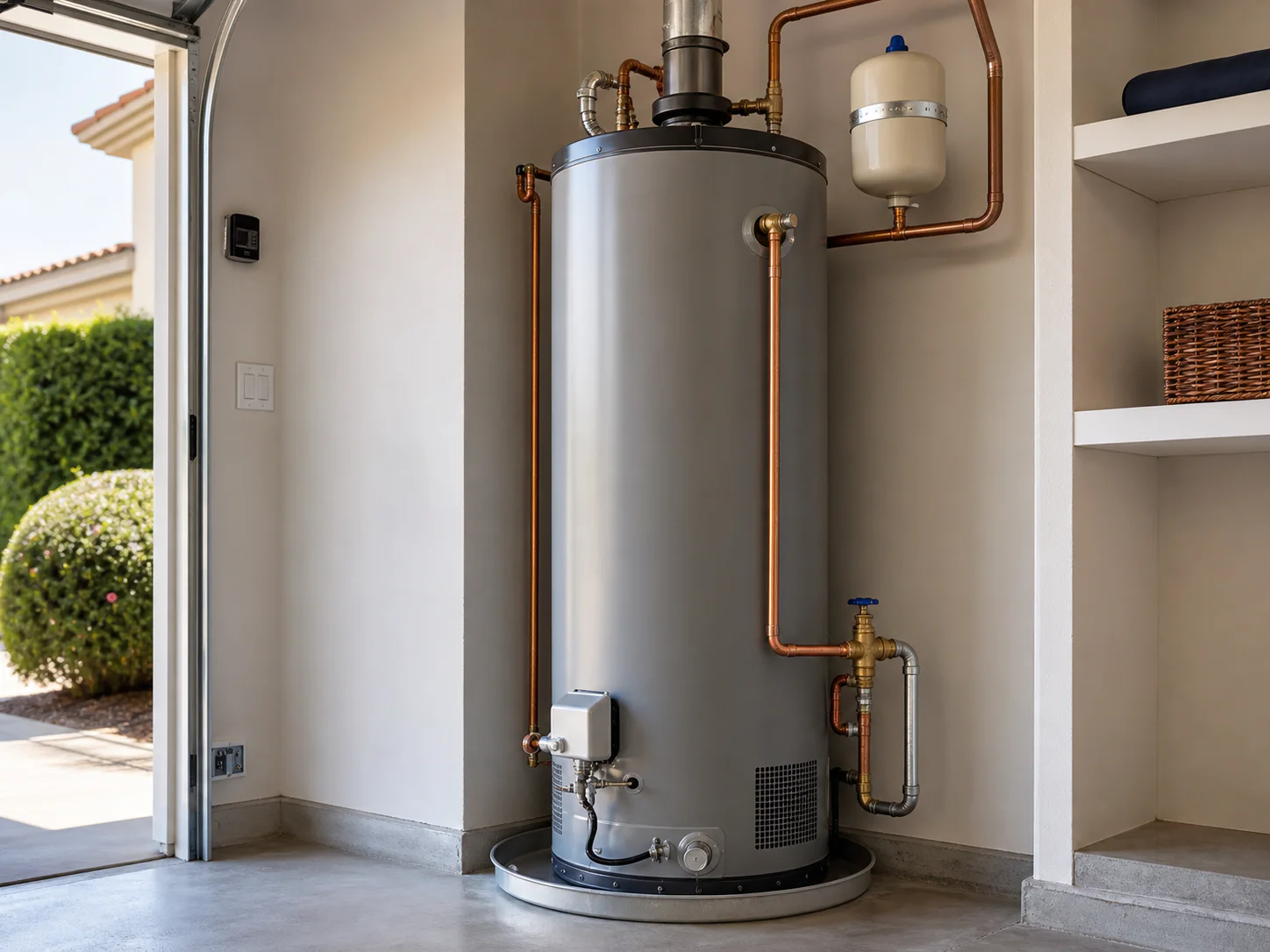 Technician inspecting a residential water heater tank