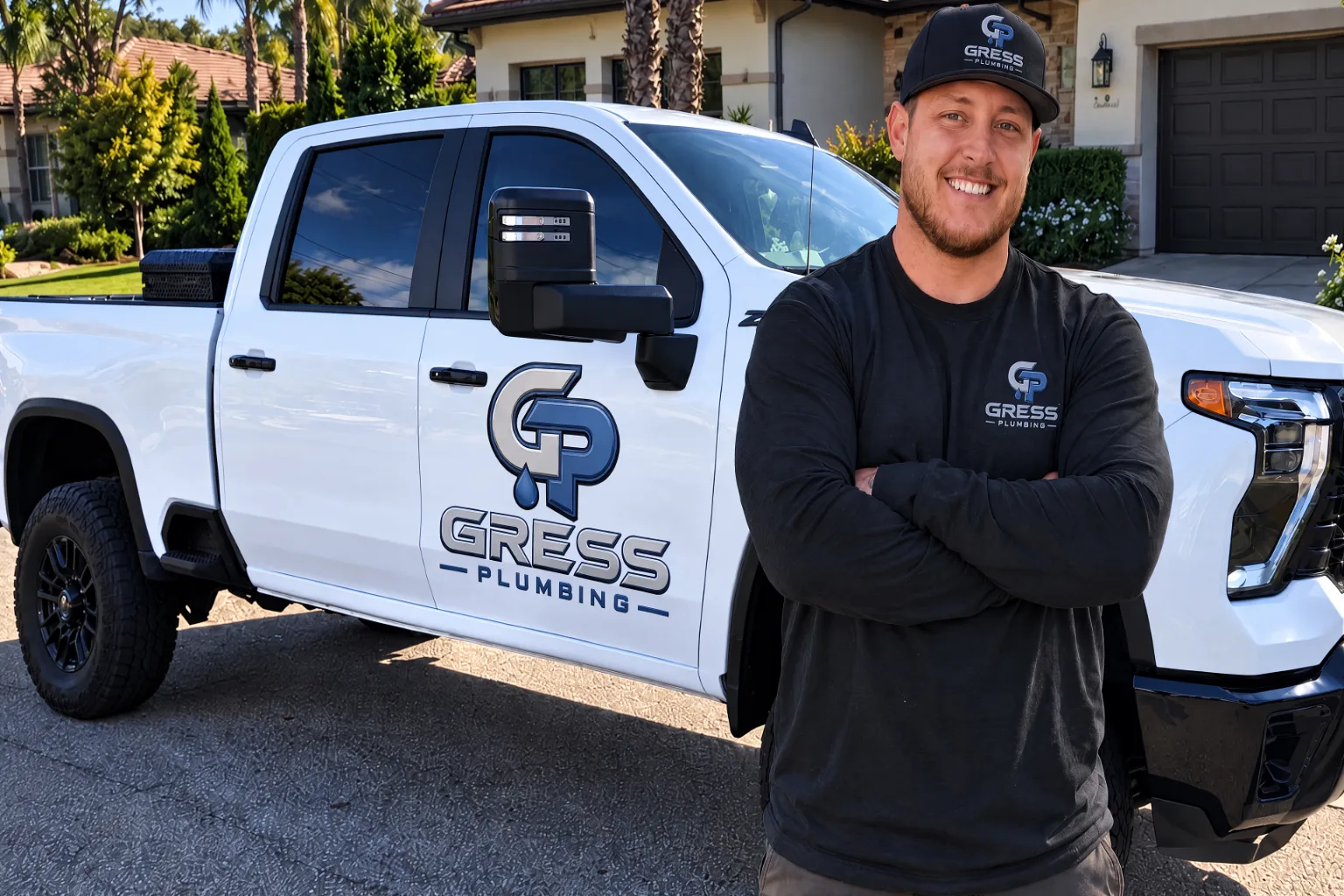 The Gress Plumbing team standing together outside a home in Simi Valley with their service van