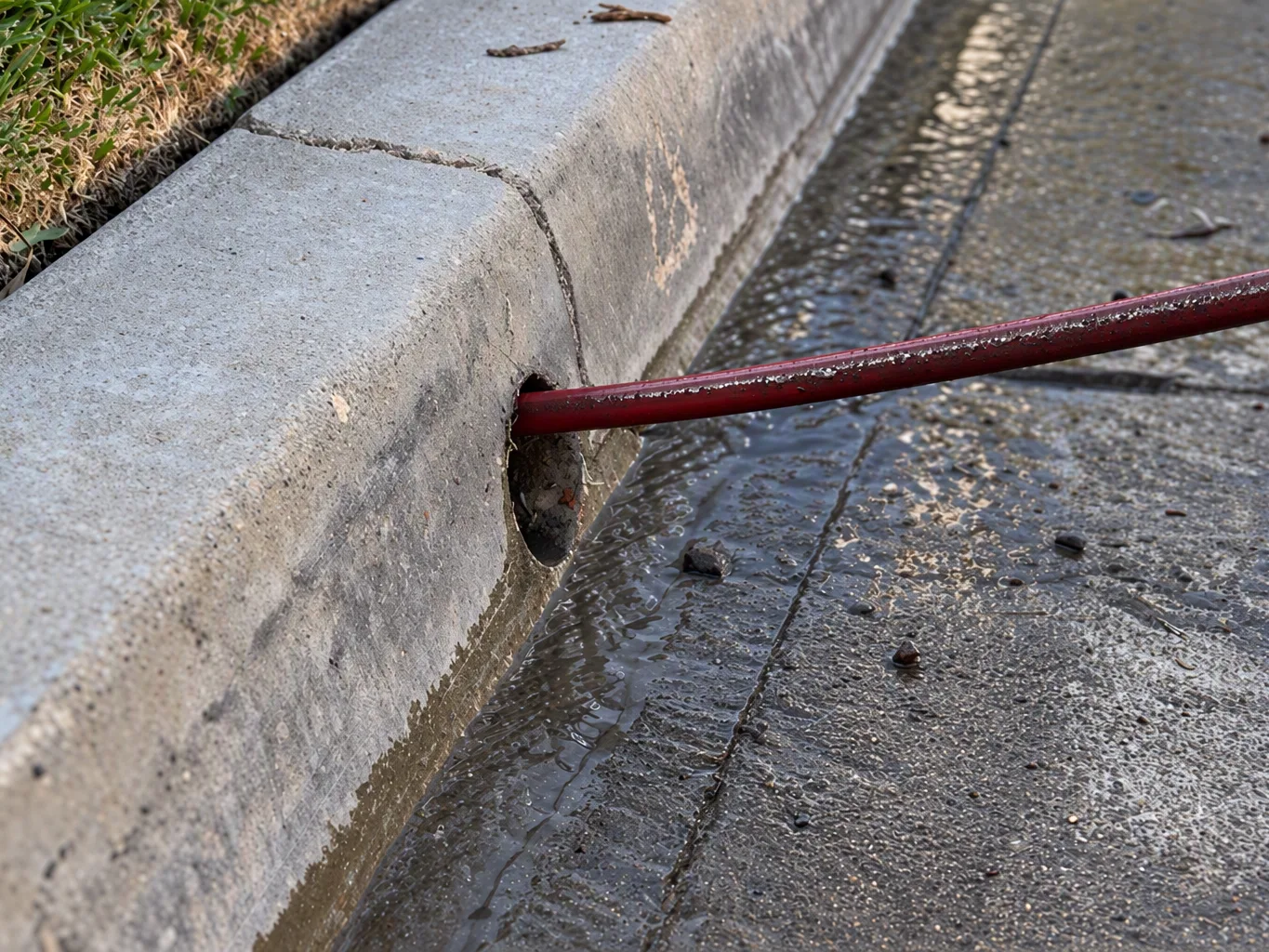 A plumber working on a residential hydro jetting job — mid-task, hands, tools and the work itself in sharp focus, the rest of the space softly out of focus