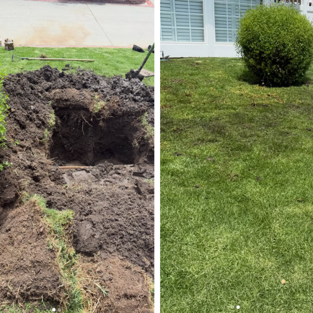 A plumber working on a residential trenchless sewer replacement job — mid-task, hands, tools and the work itself in sharp focus, the rest of the space softly out of focus