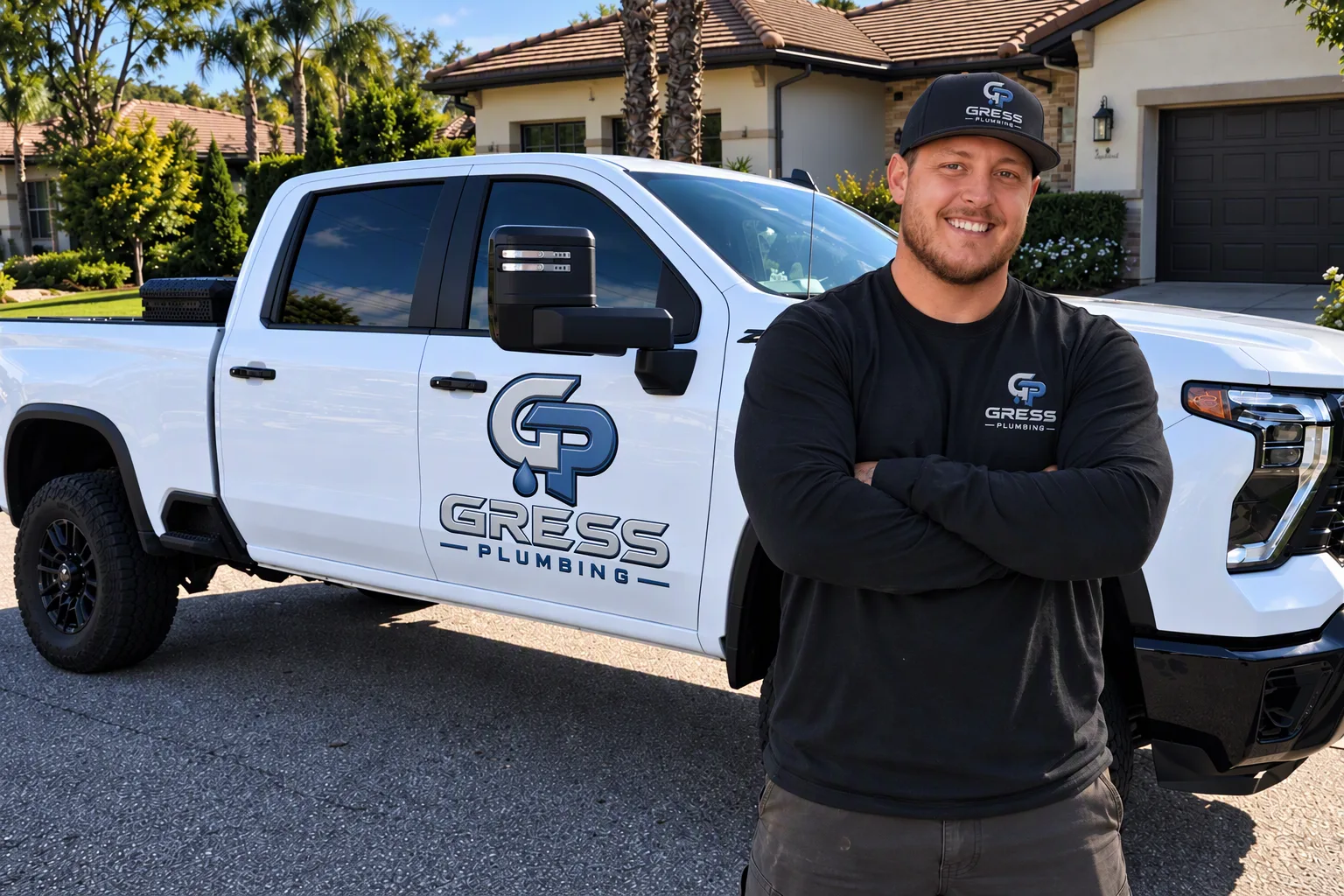 A small team of plumbing technicians in plain navy work shirts standing together outside a well-kept suburban home, relaxed and not posed, one navy service van visible just behind them