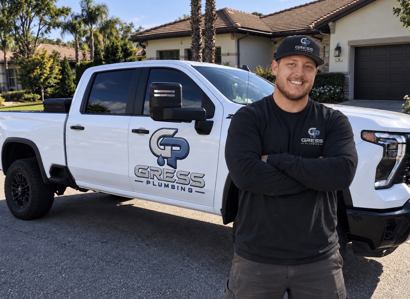 The owner of Gress Plumbing standing beside a navy service van outside a home in Simi Valley